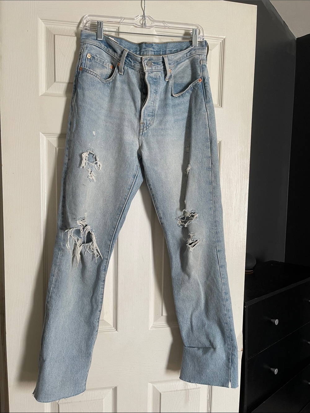 Levi's Women's Straight Leg Jeans Light Blue with Distressed Rips- 501 28 x 30